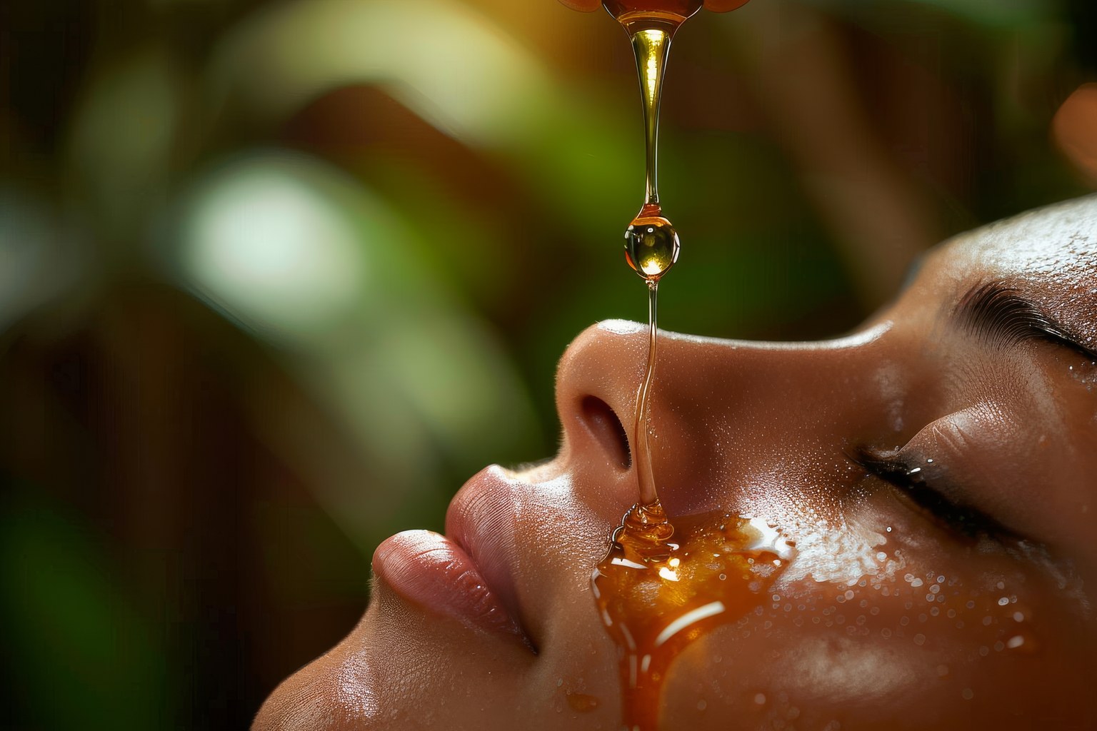 Golden botanical oil poured onto skin against green foliage