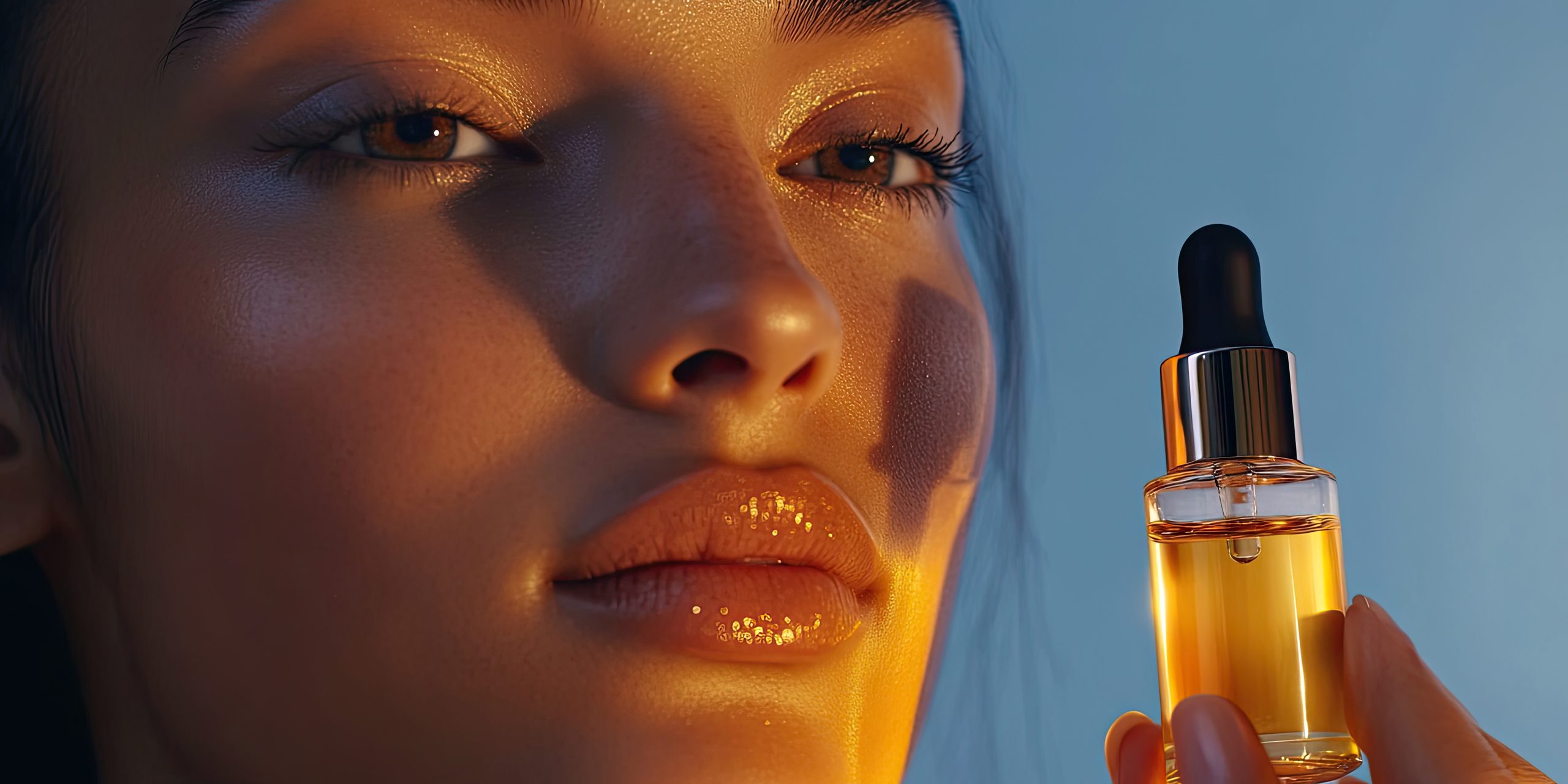 Golden Navéh Olive facial oil in a glass dropper bottle, held to the light